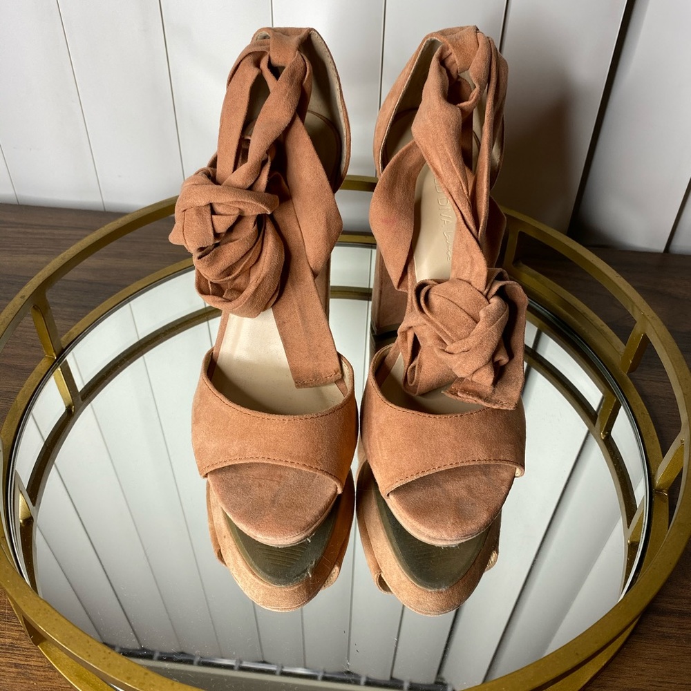 Faux Suede Ankle Tie Chunky Heels